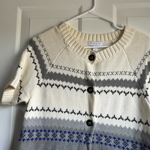 Charter Club Short Sleeve Nordic Print Button Front Sweater Cream Blue Petite M - Picture 2 of 6